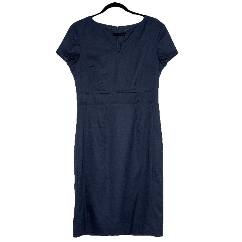 Ann Taylor Sheath Dress 8 Navy Blue Split Neck Short Sleeve Professional Career